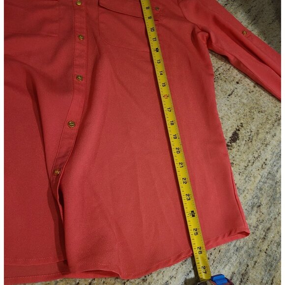 Charter Club Womens Size L Petite Pink Button Blouse Roll Tab Gold Button - Picture 4 of 13